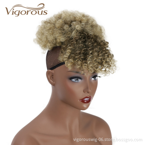 Vigorous Best Selling Wholesale Updo Ponytail Chignon With Bang Ombre Blonde Kinky Curly For Black Women Synthetic Afro Hair Bun